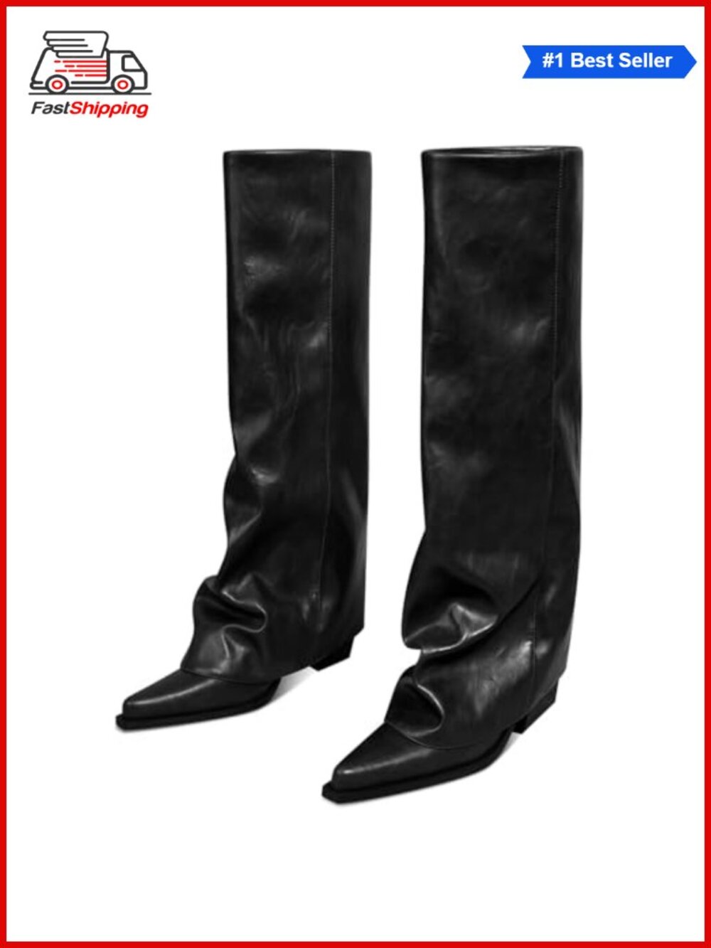Fold Over Knee High Boots Wide Calf Chunky Heel Faux Leather